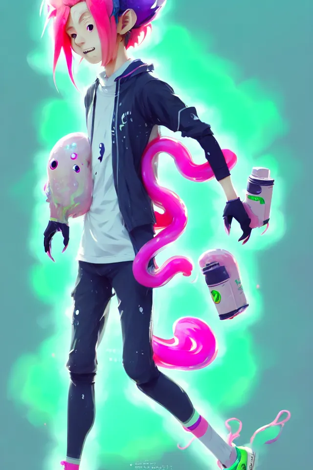 Image similar to a beautiful fullbody portrait of a cute splatoon anime boy with pink hair and green eyes wearing sports clothing tight leggings. character design by cory loftis, fenghua zhong, ryohei hase, ismail inceoglu and ruan jia. artstation, volumetric light, detailed, photorealistic, fantasy, rendered in octane