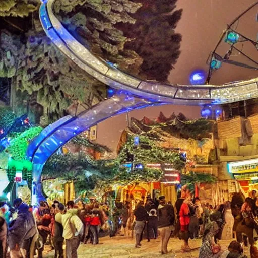 Image similar to futuristic scifi Tzfat. Crowded festive scene.