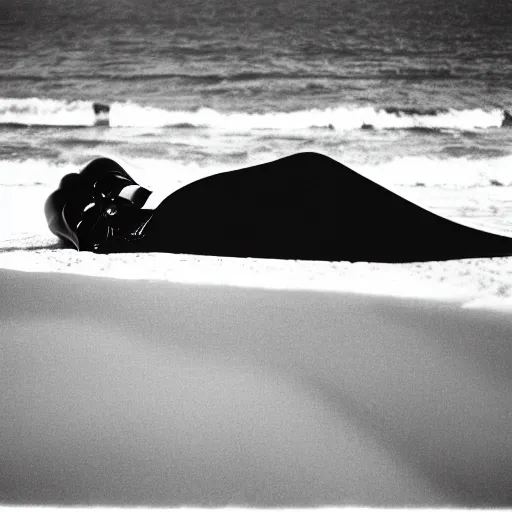 Prompt: photo of darth vader laying on towel at beach, cinestill, 8 0 0 t, 3 5 mm, full - hd