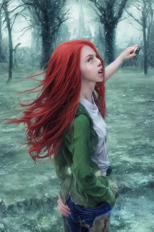 Image similar to beautiful cute red haired joyful and playful nineteen year old maiden standing up in casual green clothing, long hair, attractive face, modern city, comic book, rpg character, sci - fi, intricate, elegant, digital painting, artstation, concept art, smooth, 8 k frostbite 3 engine, ultra detailed, art by artgerm, greg rutkowski, magali villeneuve