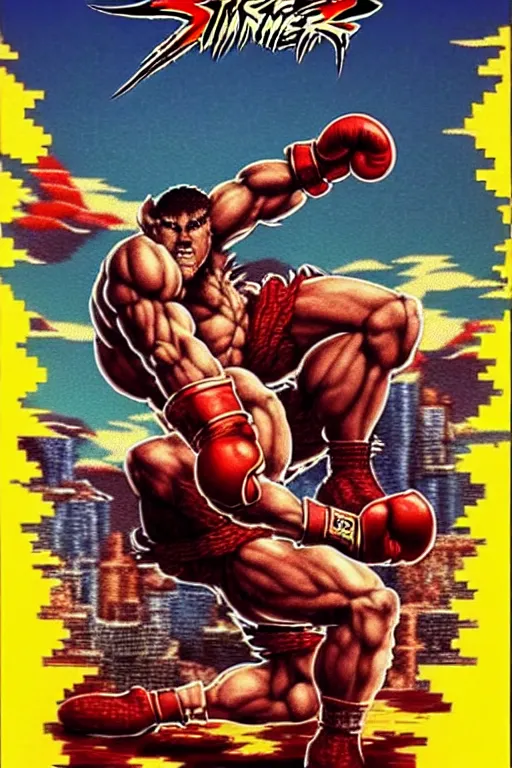 Image similar to extreme long shot. 8 bit nes graphics. antropomorphic muscular masculine wolf. kickboxer fighter, in shorts. wolf head. fine details, very sharp, art from nes game cartridge, 8 0's, vhs artefacts, vaporwave style, marc simonetti and hermann nitsch. streetfighter, kung fury movie