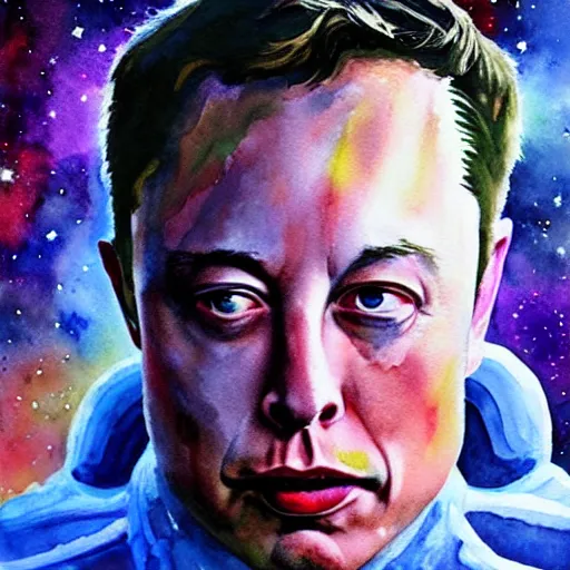 Prompt: alien extraterrestrial elon musk in space. watercolor. dramatic. amazing painting. formal. beautiful. high resolution. highly realistic. close - up. trending on artstation