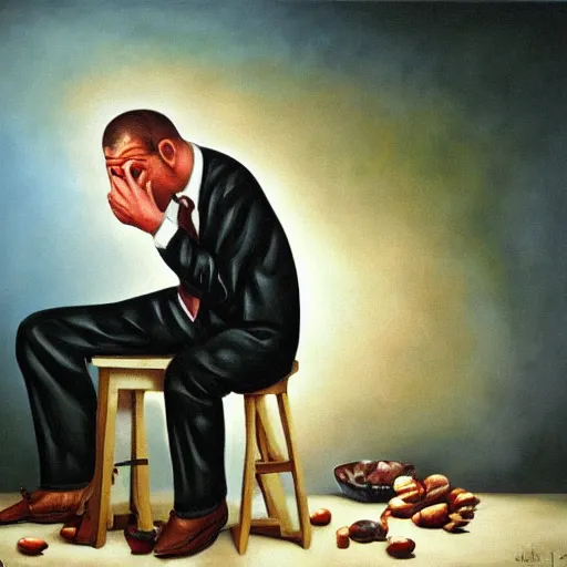 Prompt: surrealism oil painting of a man crying over spilled milk