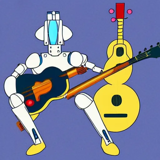 Prompt: A cell animation of a robot playing guitar, macross, gundam, ghibli style, illustration, anime, trending on artstaion