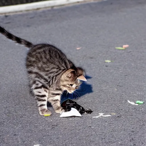 Image similar to kitten bird hybrid eating trash in the road