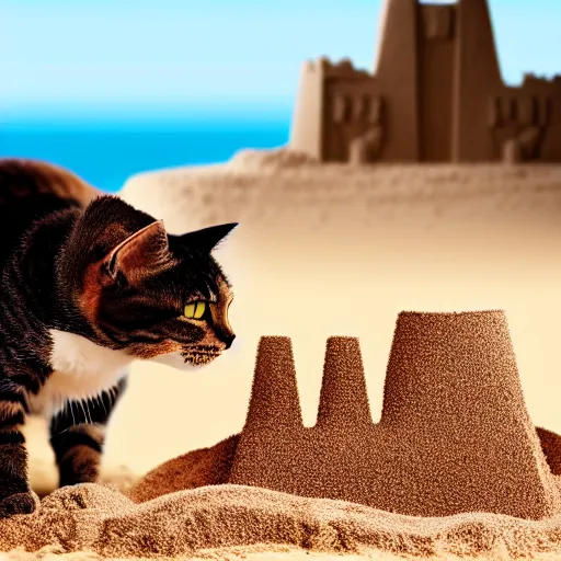 Prompt: photo of a cat building a sandcastle on a beach, photorealistic, 8 k photo, golden hour, award winning