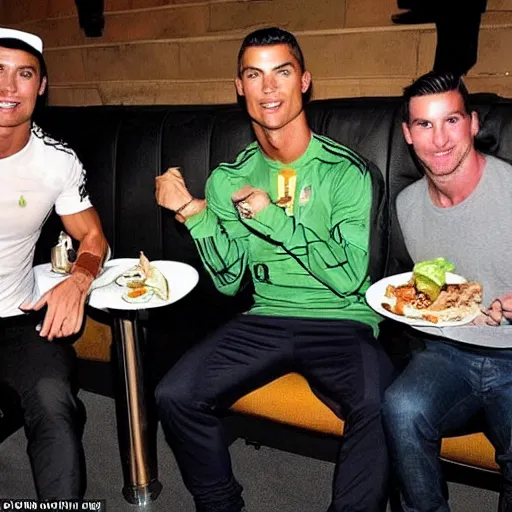 Prompt: Cristiano Ronaldo, Messi and yoda eat dinner together