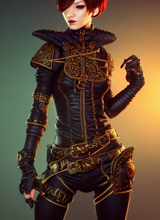 Prompt: rogue, fantasy ornate leather bandit outfit!!! beautiful and athletic short hair female!! gorgeous face and eyes!! character concept art, sharp focus, octane render! unreal engine 5! highly rendered!! trending on artstation!! detailed linework!! illustration by wlop, chie yoshii, and artgerm