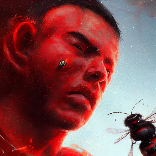 Image similar to Justin Sun covered in crimson-black bee swarm, close up, high quality 8k octane render by Peter Mohrbacher