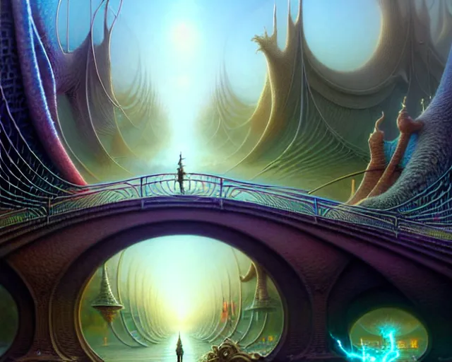 Image similar to street view of a bridge being held up by two hands, fantasy landscape made of fractals facing each other, ultra realistic, wide angle, intricate details, the fifth element artifacts, highly detailed by peter mohrbacher, hajime sorayama, wayne barlowe, boris vallejo, aaron horkey, gaston bussiere, craig mullins