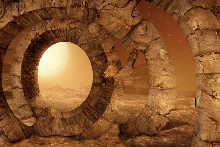 Image similar to a stargate in the ruins on mars leads to another dimension, portal, gate, dimension, arstation, digital art