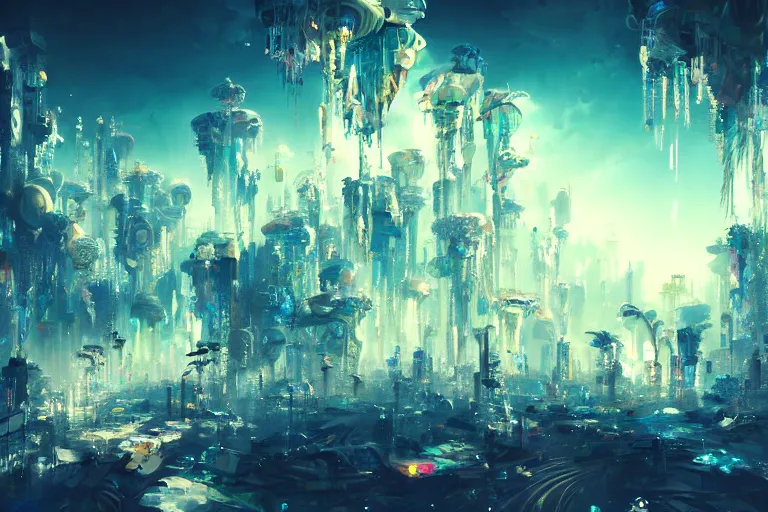 Image similar to simplicity, a huge flock of many ornate translucent puffy filigreed clouds tangled into large whirling ultra detailed crystal specimens, cyberpunk environment, playful, award winning art, epic dreamlike fantasy landscape, ultra realistic,