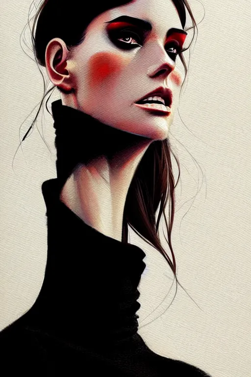 Image similar to a ultradetailed portrait painting of a stylish woman in a black turtleneck by conrad roset, greg rutkowski and makoto shinkai trending on artstation