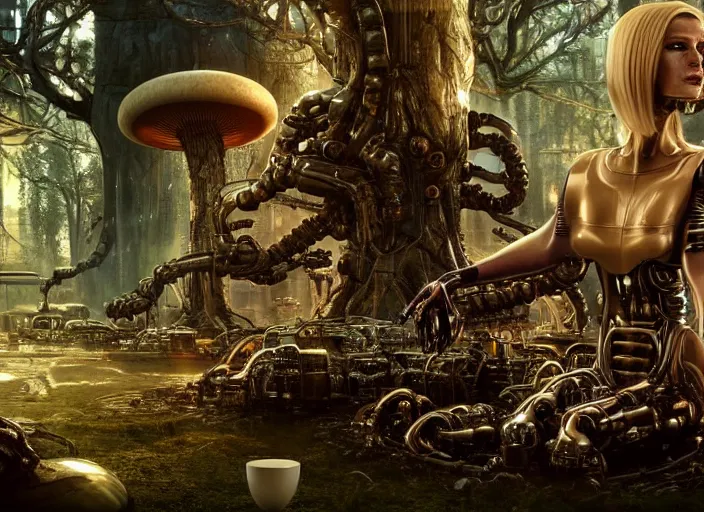 Image similar to photo of an intricate and sophisticated terminator woman with borg enhancements, blonde hair sitting on a giant mushroom in a weird magical mechanical forest and drinking a cup of tea. Very detailed 8k. Fantasy cyberpunk horror. Sharp. Very detailed facial complexion