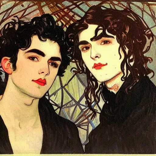 Prompt: painting of young cute handsome beautiful dark medium wavy hair man in his 2 0 s named shadow taehyung and cute handsome beautiful min - jun together at the halloween witchcraft party with bubbling cauldron, melancholy, autumn colors, elegant, painting, stylized, gorgeous eyes, soft facial features, delicate facial features, art by alphonse mucha, vincent van gogh, egon schiele