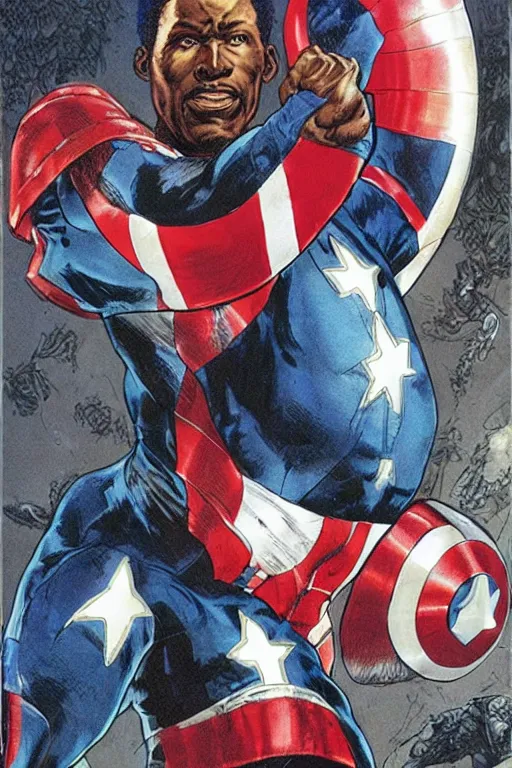 Image similar to black captain America. concept art by James Gurney and Mœbius.