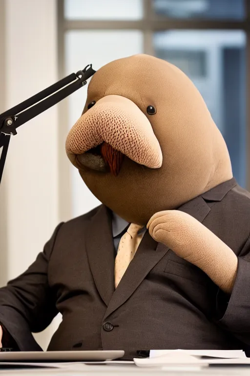 Prompt: anthropomorphic walrus that looks like a human, wearing business attire, sitting at a desk with a laptop, realistic, colored studio lighting, professional photography, nikon 5 0 mm f / 1. 8 g, canon