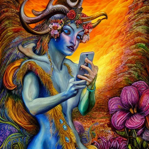 Prompt: detailed acrylic on canvas fantasy painting by josephine wall, horned ram goddess checking her cell phone, erupting volcano and sunset in distance, flowers in foreground, trending on artstation, by senior concept artist, intricately detailed, high resolution, hdr, 8 k