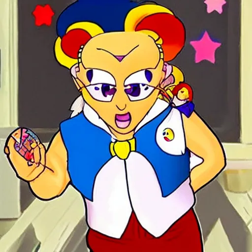 Prompt: Danny Devito as sailor moon in a 2D cartoon, epic