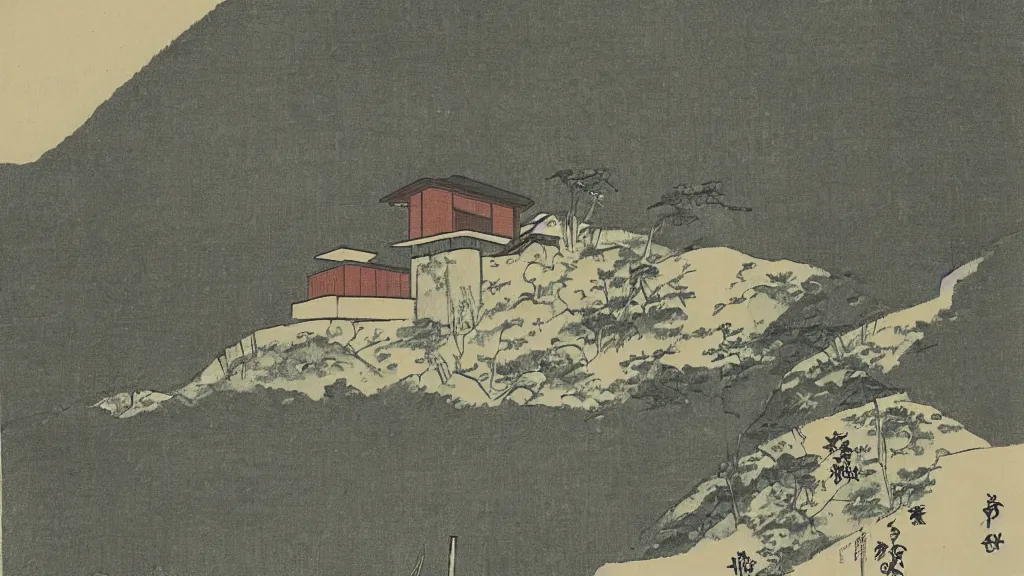 Prompt: a house on a mountain. shin hanga artwork