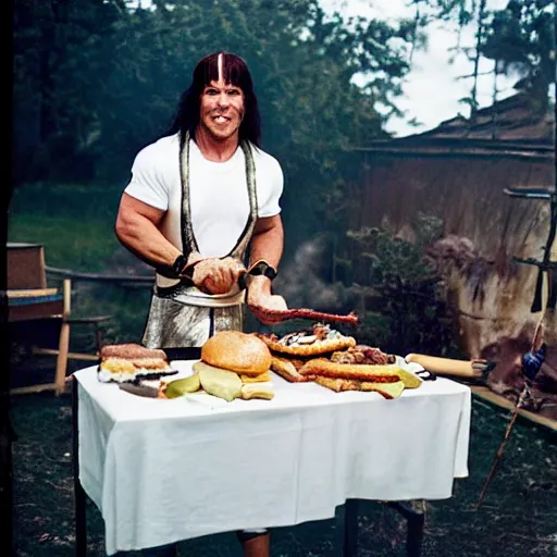 Image similar to candidato photo of conan the barbarian flipping burger on a barbecue. he is wearing an apron with unicorn drawing, and a tutu. photographed by annie leibovitz