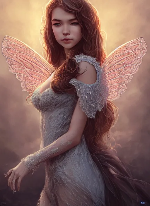 Image similar to full body portrait of a beautiful fairy women with wings of lace, by artgerm, sunny day, highly detailed, perfect lighting, perfect composition, symmetry, detailed features, 4 k, by alan lee, by derek zabrocki, by greg rutkowski