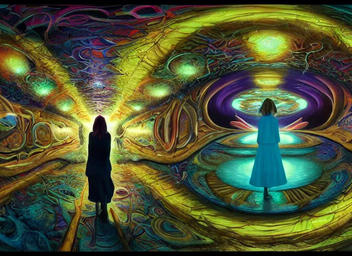 Image similar to vfx surreal 3 d portrait of alice from wonderland walking into a non - euclidean and infinite tunnel of evanescent hallucinatory images in endless mirrors that temporarily cling to a virtual node of experience called the self in an illusion called spacetime, hyperdetailed, octane render, by alex grey, jeff soto and daniel merriam, dan mumford and pixar, nvidia raytracing demo