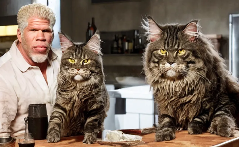 Prompt: Ron Perlman on the food network tv show cooking a maine coon cat