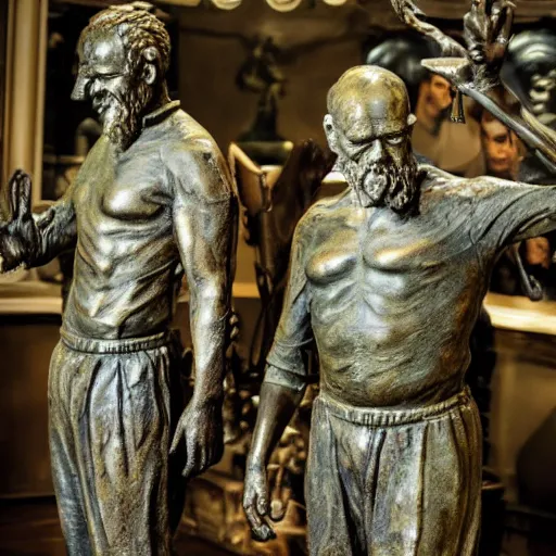 Image similar to a couple of statues of men in costumes, a bronze sculpture by Guillermo del Toro, featured on deviantart, antipodeans, movie still, ultra detailed, shiny