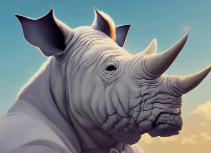 Image similar to character portrait feature of the anthro male anthropomorphic white rhino fursona wearing airline pilot outfit uniform professional pilot character design stylized by charlie bowater, ross tran, artgerm, and makoto shinkai, detailed, soft lighting, rendered in octane, maldives in background