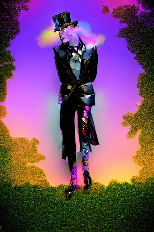 Image similar to Ethereal safari landscape with a pink rainbow sky under a god moonstone, black leather and embroidered Lolita dapper bespoke avant-garde tuxedo in velvet, black and gold rich color, dramatic cinematic lighting, featured on Artstation, extremely detailed by Lisa Frank