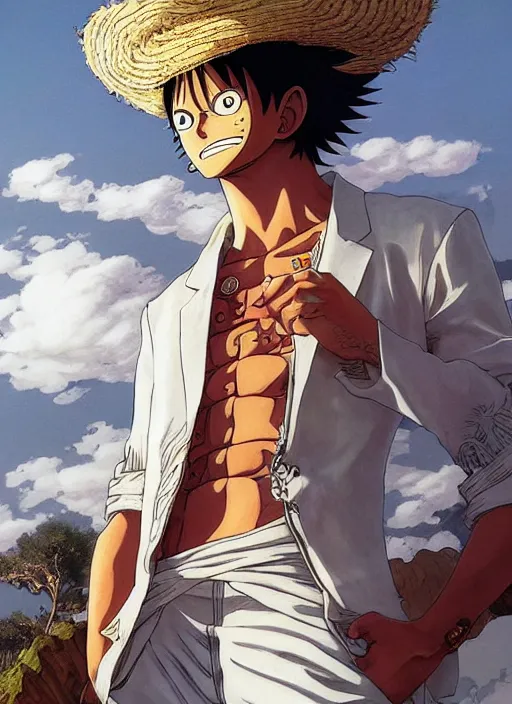 Prompt: Luffy wearing a white suit, candid shot, intricate, extremely detailed painting by Henry Justice Ford and by Greg Rutkowski and by Moebius, golden hour