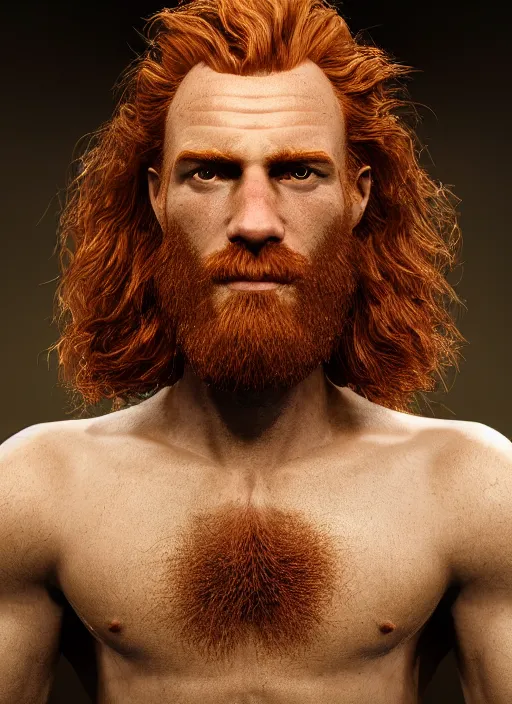 Image similar to beauteous handsome rugged sumptuous man wrapped in dna molecule, incredible ginger hair, projected ray traced oled retinal overlays, crystalline masterpiece incrustations, hyperdetailed face, elegant pose, movie still, intricate, octane render, cinematic forest lighting, cgsociety, unreal engine, crepuscular rays, god rays