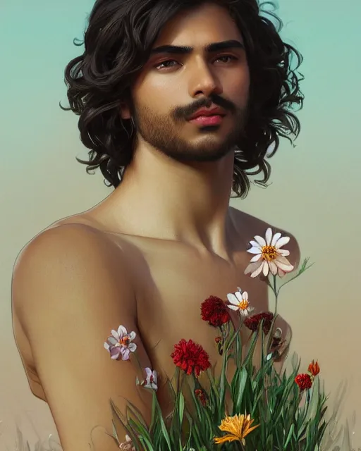 Prompt: 3 / 4 portrait, young male spring god, brown skin, long dark hair, flower dress, beautiful, flowers, detailed field background, elaborate jewelry, artstation, ilya kuvshinov, alphonse mucha, william bouguereau, rossdraws, greg rutkowski, super detailed, illustration, realistic, octane render, sharp focus, cinematic, 8 k