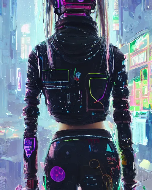 Prompt: detailed portrait neon guard girl with long straight blonde hair seen from the back, cyberpunk futuristic, reflective puffer jacket, black leggings, decorated with traditional ornaments in front of a dystopian crowd with piles of garbage by ismail inceoglu dragan bibin hans thoma, perfect face, fine details, realistic shaded, fine - face, pretty face by rossdraws