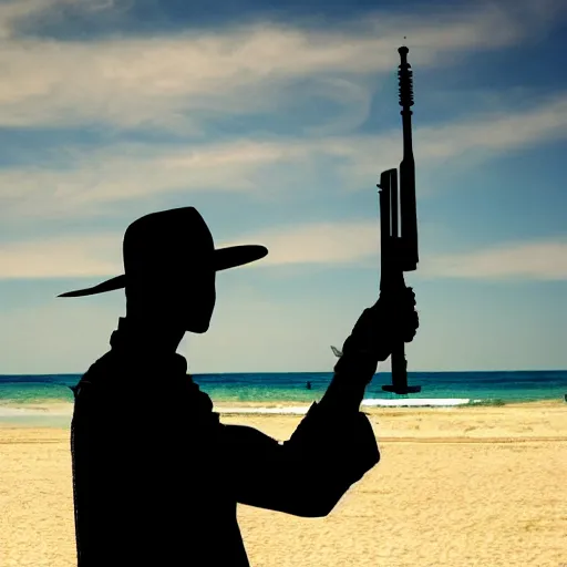 Prompt: gunslinger standing on a beach, a lone standing door