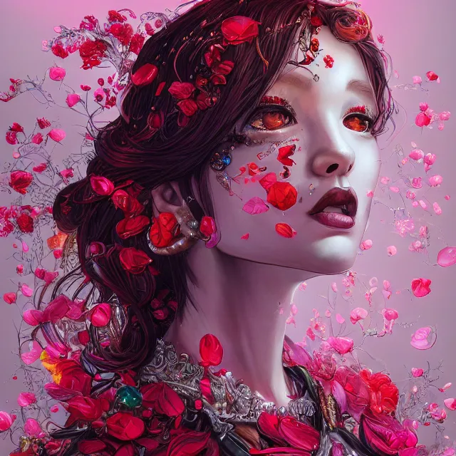 Image similar to studio portrait absurdly beautiful, elegant, graceful, young hypercolorful sensual gravure idol rubies red petals gems, ultrafine hyperrealistic detailed face illustration by kim jung gi, irakli nadar, intricate linework, sharp focus, bright colors, matte, octopath traveler, final fantasy, unreal engine highly rendered, global illumination, radiant light, intricate rainbow environment