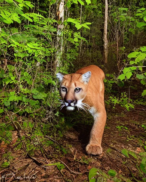 Prompt: cougar in forest at night, night vision goggles, shot from drone, grainy