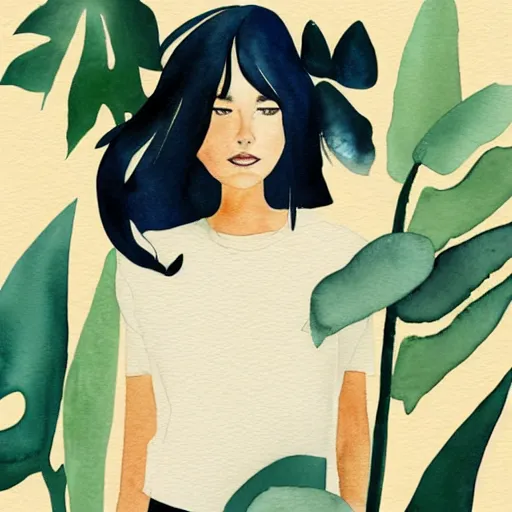 Image similar to a room full of beautiful house plants and a pretty woman with pale skin, long black hair with bangs, wearing shorts and t shirt, abstract, golden light, beautiful watercolor art trending on artstation