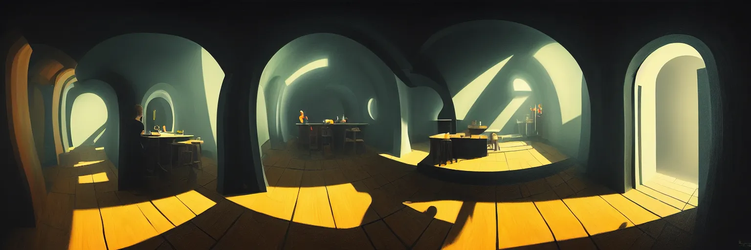 Prompt: volumetric shadows, volumetric lighting, black goya painting of underground, basement, fisheye, curved perspective, naive, extra narrow, wooden kitchen, large floor, tavern by rhads and gaudi