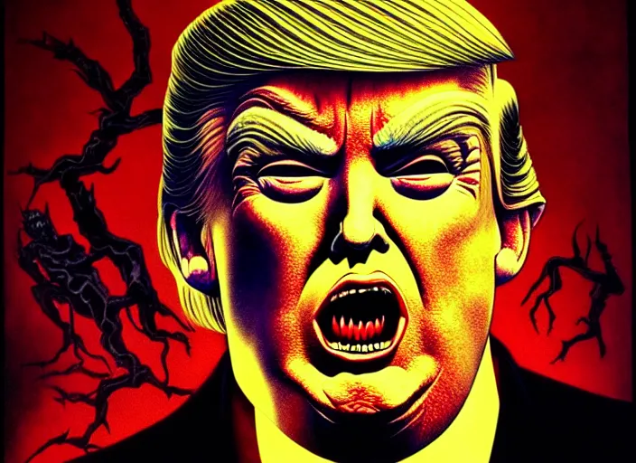 Image similar to donald trump's grotesque true form revealed, horror, high details, intricate details, by vincent di fate, artgerm julie bell beeple, 1 9 8 0 s, inking, vintage 8 0 s print, screen print, rule of thirds by francis tneh