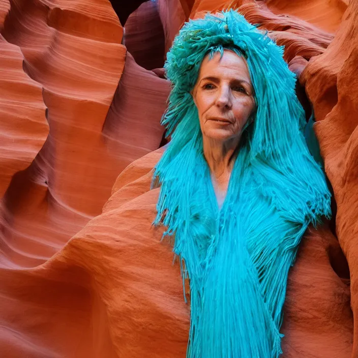 Prompt: closeup portrait of a woman wrapped in turquoise fiber, standing in antelope canyon in arizona, color photograph, by vincent desiderio, canon eos c 3 0 0, ƒ 1. 8, 3 5 mm, 8 k, medium - format print