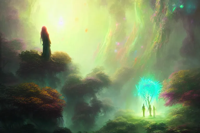 Image similar to a psychedelic realm hidden away in a pocket of ethereal understanding, astral beings sharing love, in the style of greg rutkowski, and wlop, and lisa frank, and bob ross, and ruan jia, illustration, epic, fantasy, hyper detailed, smooth, unreal engine, sharp focus, ray tracing