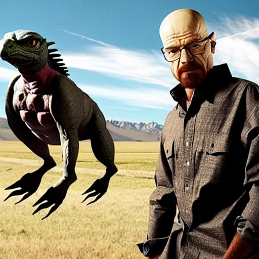Image similar to Walter White riding a raptor