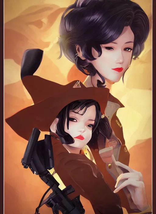 Image similar to full size persona, female sheriff, detail, ultra sharpness, beautiful female, detailed face, art by huyy nguyen, style by cain kuga, cowboy bebop art style