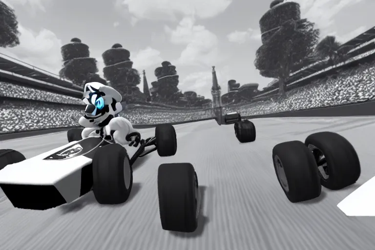 Image similar to gigachad in mario kart, ingame screenshot, black and white, high detailed