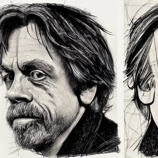 Prompt: a realistic yet scraggly portrait sketch of the side profile of a stern and sophisticated mark hamill, trending on artstation, intricate details, in the style of frank auerbach, in the style of sergio aragones, in the style of martin ansin, in the style of david aja, in the style of mattias adolfsson