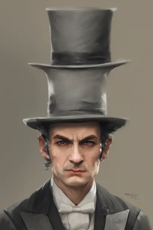 Image similar to a grey hair halfling stubble top hat and suit by Greg Rutkowski, painting, portrait, HD, high details, trending on artstation