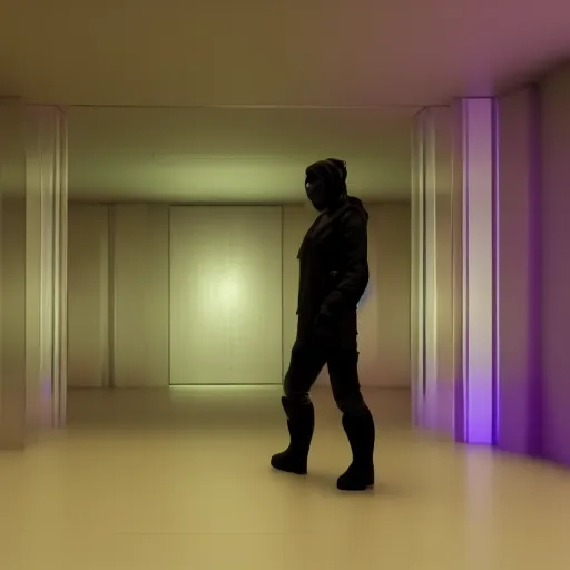 Prompt: a person standing in a dark hallway with a purple light, a 3D render by George Lucas, featured on polycount, cubo-futurism, volumetric lighting, rendered in unreal engine, cinematic lighting