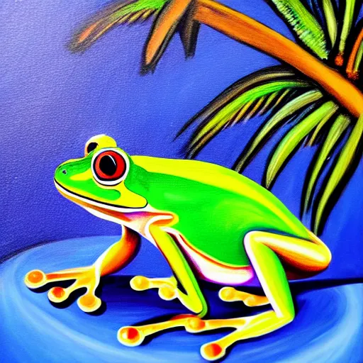 Image similar to painting of a bipedal frog walking away from the camera, down a busy street in los angeles, street vendors, palm trees,